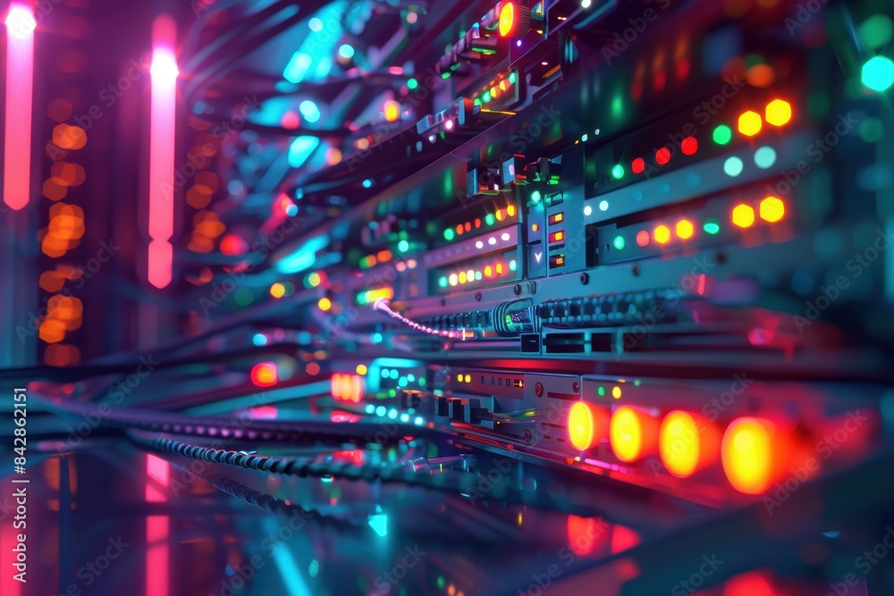 Data warehouse architecture with servers, cables, and glowing LEDs Data warehouse architecture with servers, cables, and glowing LEDs
