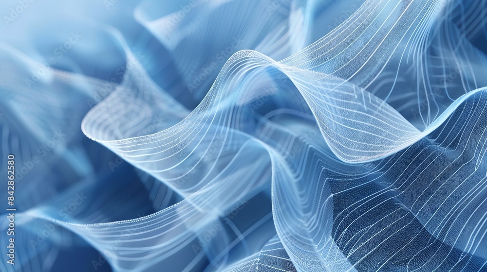 Fototapeta premium Abstract blue and white wave pattern resembling flowing fabric or light waves, perfect for backgrounds and modern designs.