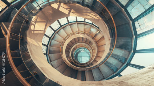An upward spiral staircase with intriguing shadows and a glass dome  creating a mesmerizing architectural design.