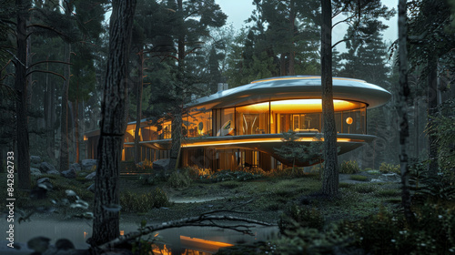 A sleek, modern house with extensive glass walls, surrounded by dense forest and illuminated from within, reflecting on a nearby pond at dusk.
