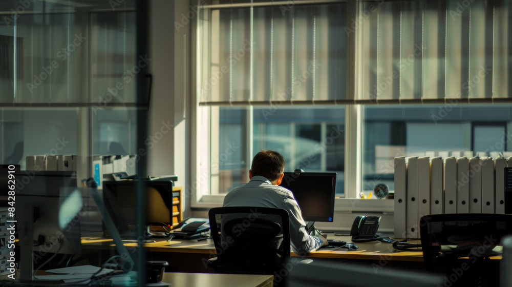 A backlit office scene features a lone worker intently focused on their computer, exuding a quiet, early morning productivity. A backlit office scene features a lone worker intently focused on their computer, exuding a quiet, early morning productivity.