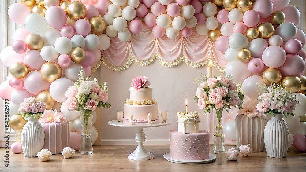 Pink And Gold Balloons And Flowers Create A Festive Atmosphere For A Special Celebration. Pink And Gold Balloons And Flowers Create A Festive Atmosphere For A Special Celebration.