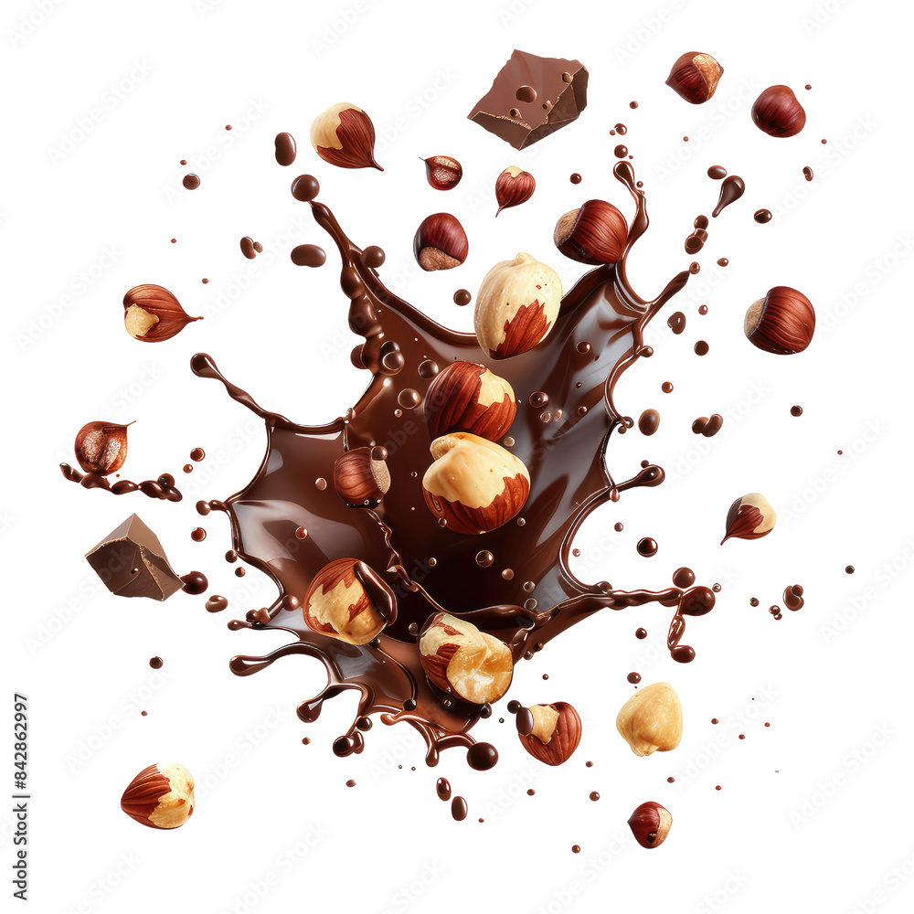 Hazelnuts and chocolate pieces flying in the air after an explosion isolated on transparent background. Hazelnuts and chocolate pieces flying in the air after an explosion isolated on transparent background.