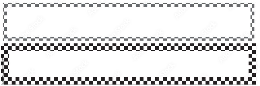 Rectangle frame with checkered print on borders. Rectangular vignette with checkerboard, race flag or chess game pattern isolated on white background. Vector graphic illistration. Rectangle frame with checkered print on borders. Rectangular vignette with checkerboard, race flag or chess game pattern isolated on white background. Vector graphic illistration.