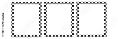 Rectangle frame with checkered print on borders. Rectangular vignette with checkerboard, race flag or chess game pattern isolated on white background. Vector graphic illistration.
