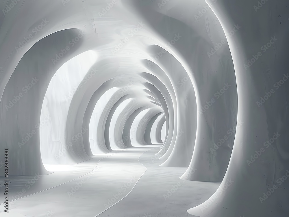 Fototapeta premium Futuristic white tunnel with smooth curves and soft lighting, creating a modern and minimalist architectural design.