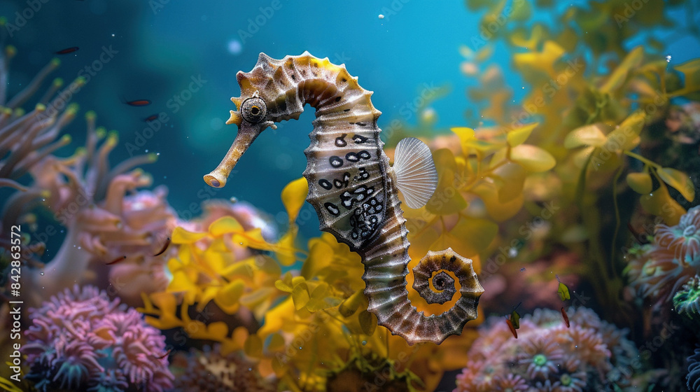 Serene Seahorse: Graceful Movement Amongst Coral Serene Seahorse: Graceful Movement Amongst Coral