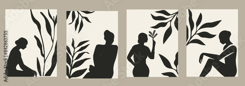 Contemporary Matisse art. Modern Matisse-styled interior posters set. Plants, leaf branch, nude female body. Contemporary aesthetic illustrated design for wall art, decoration, print, wallpaper. 