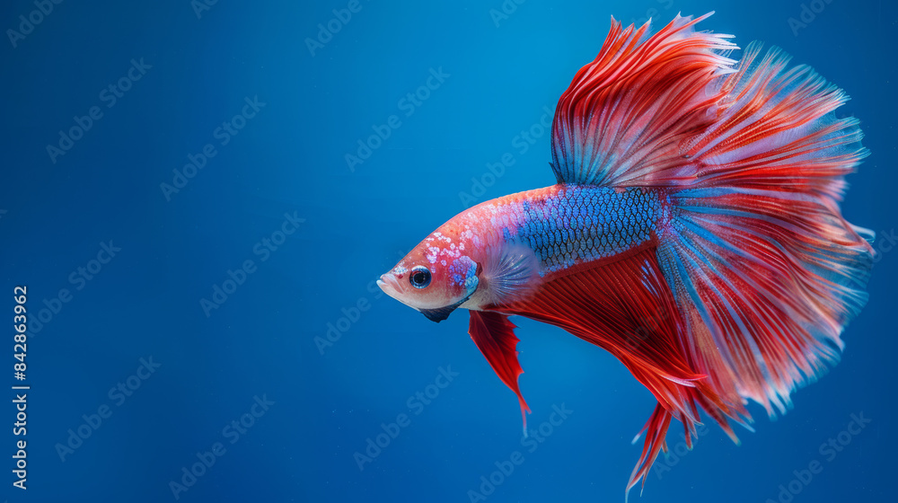 A magnificent betta fish with flowing red and blue fins swims against a serene blue backdrop, embodying aquatic grace and vibrant colors. A magnificent betta fish with flowing red and blue fins swims against a serene blue backdrop, embodying aquatic grace and vibrant colors.
