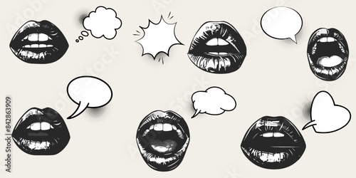 Set of speech bubbles, lips and mouth  in the style of retro photocopies stipple effect, for grunge punk y2k collage design. Vector elements  in vintage halftone brutalist design for banner or poster