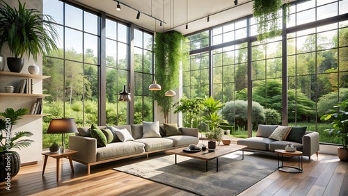 A bright and airy living room with large windows, a comfortable sofa, and lush plants. the perfect space to relax and enjoy the views of the surrounding forest.