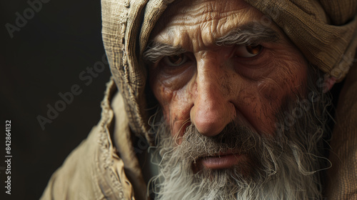 A close-up portrait of an elderly man with intense, deep-set eyes, wearing a textured, weathered hood that hints at a nomadic or rustic lifestyle. photo