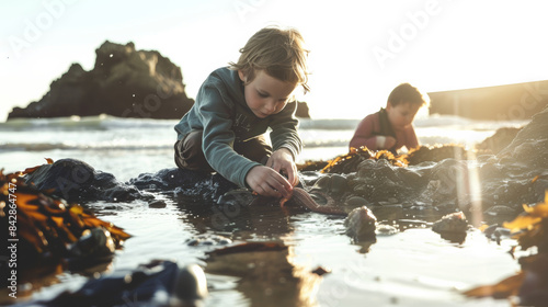 Children engrossed in exploring tide pools on a sunny beach, their focus and innocence captured against a backdrop of seaweed and rocks.