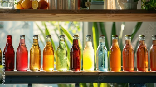 A selection of assorted colored beverages in glass bottles, displayed on a wooden surface in a modern kitchen, with sunlight streaming in through the windows, illuminating the bottles.