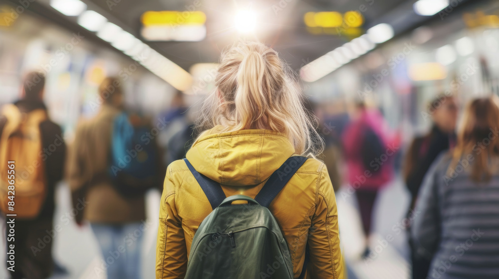 A young woman with a yellow jacket and green backpack stands in a busy underground station, gazing thoughtfully ahead. A young woman with a yellow jacket and green backpack stands in a busy underground station, gazing thoughtfully ahead.