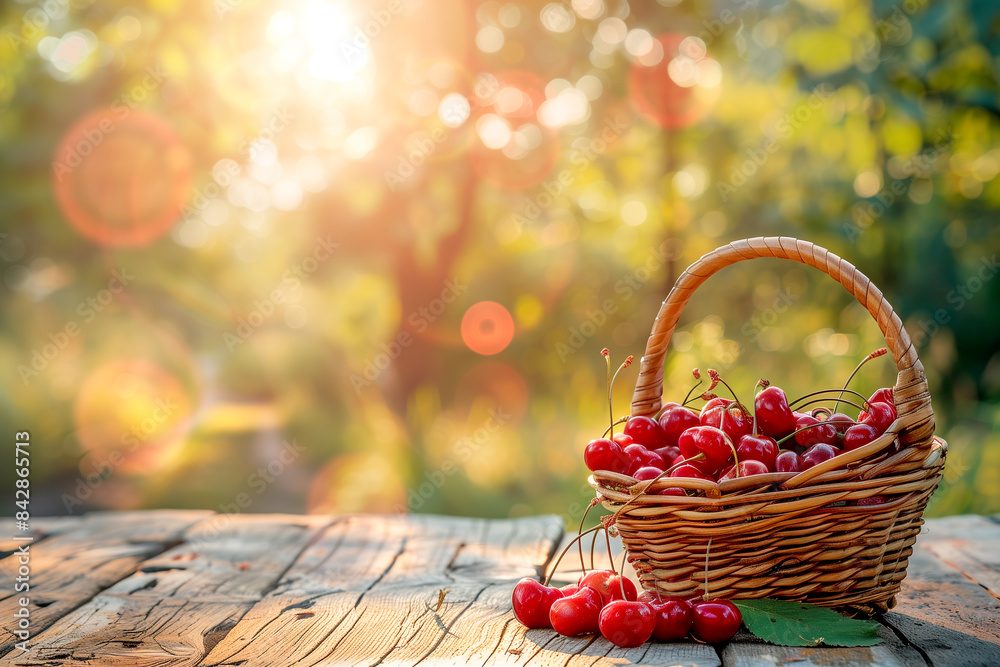 Harvesting of ripe cherries in a basket in the countryside Harvesting of ripe cherries in a basket in the countryside