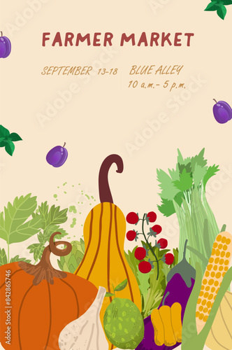 Farmers market poster design card. Fresh local vegetables in trendy flyers for food festival. Promo concept for veggie farm bazaar.