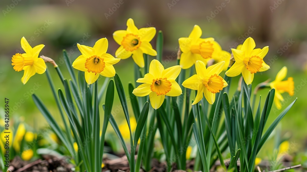 Yellow daffodils flower bed.nature background. Generative Ai Yellow daffodils flower bed.nature background. Generative Ai