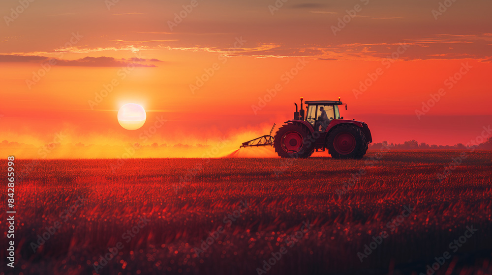 Tractor working in a field at sunset Tractor working in a field at sunset