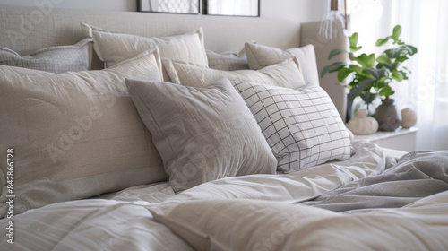 A cozy, stylish bedroom setup featuring an array of neutral-toned pillows arranged aesthetically on a made bed, with soft light filtering through the window.