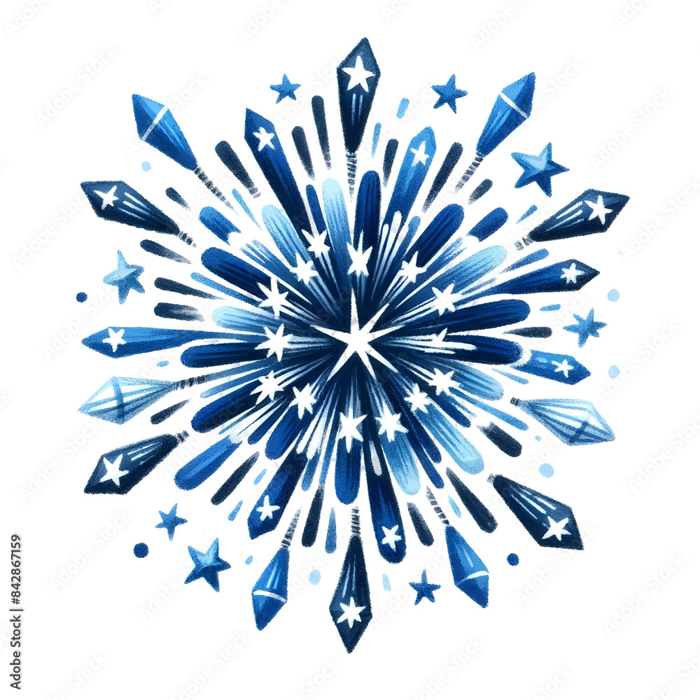 Illustration of a blue star-shaped firework burst with intricate patterns and dynamic streak Illustration of a blue star-shaped firework burst with intricate patterns and dynamic streak