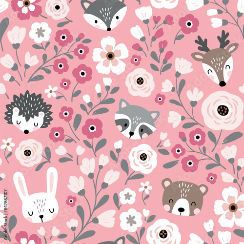 Seamless vector pattern with cute woodland animal heads on floral background. Hand drawn illustration. Perfect for textile, wallpaper or nursery print design.