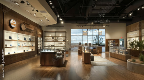 A modern  stylishly designed interior of a retail store with wooden fixtures  glass displays  and a bright  open ambiance.