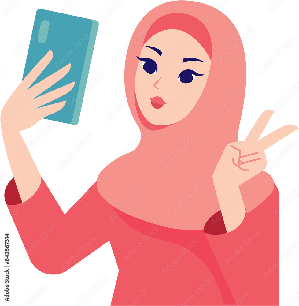 Young muslim lady taking selfie with her mobile phone. Flat art illustration Young muslim lady taking selfie with her mobile phone. Flat art illustration