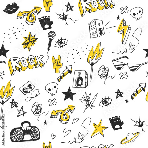 Vector seamless pattern with hand-drawn symbols of a 90s rock party. Endless texture with teenagers doodles isolated on a white background.