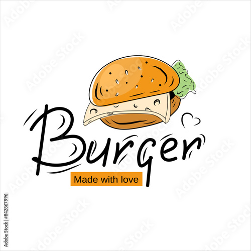 Hot Burgers Vector Logo Illustration. Hand drawn burger emblem with lettering burger. Made with love inscription. Vector art. 