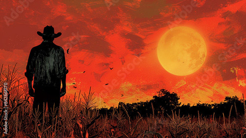 Illustration of a cowboy hat man silhouette looking at full moon