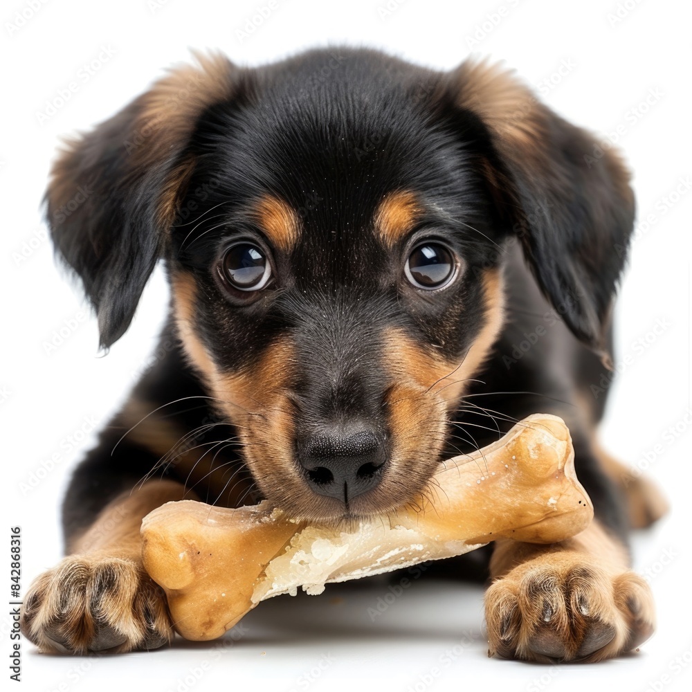 Adorable Puppy Enjoying a Bone Chew Toy on White Background Adorable Puppy Enjoying a Bone Chew Toy on White Background