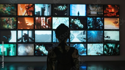 A person watching a video wall with multimedia images on different television screens photo