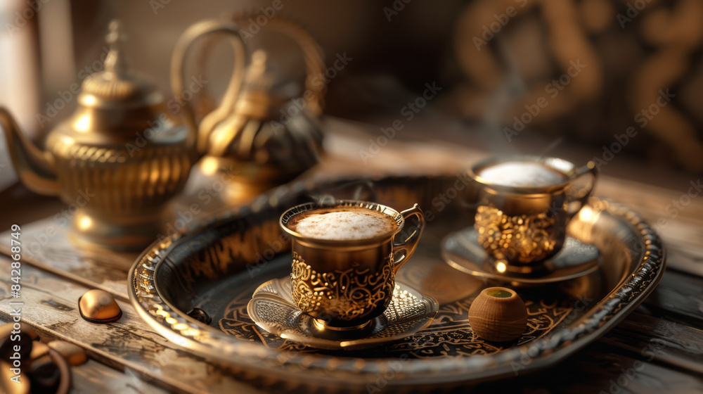 Two ornate cups of steaming coffee on a luxurious golden tray, surrounded by intricate teapots and soft light. Two ornate cups of steaming coffee on a luxurious golden tray, surrounded by intricate teapots and soft light.