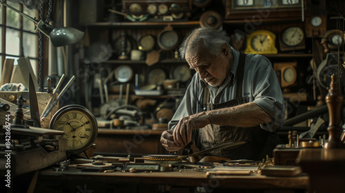 An elderly man meticulously repairs a vintage clock in a workshop filled with antique timepieces, a testament to craftsmanship and the passage of time.