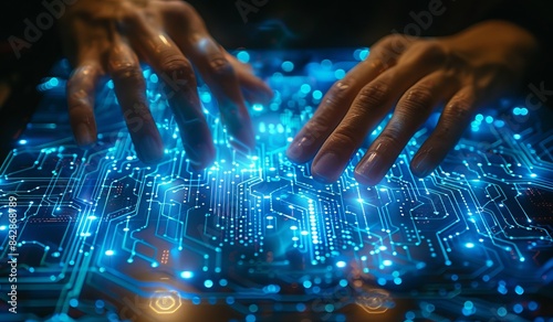 A close up of hands typing on an interactive tablet displaying a digital blue circuit board with glowing lines and numbers, in the style of a futuristic technology concept