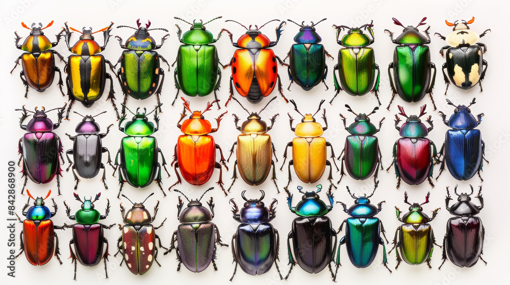 Obraz premium A vivid collection of colorful beetles arranged neatly, showcasing the diversity and intricate beauty of these insects.