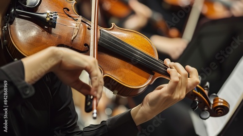 Violinist player musician in orchestra hands playing classical music on violin. Generative Ai