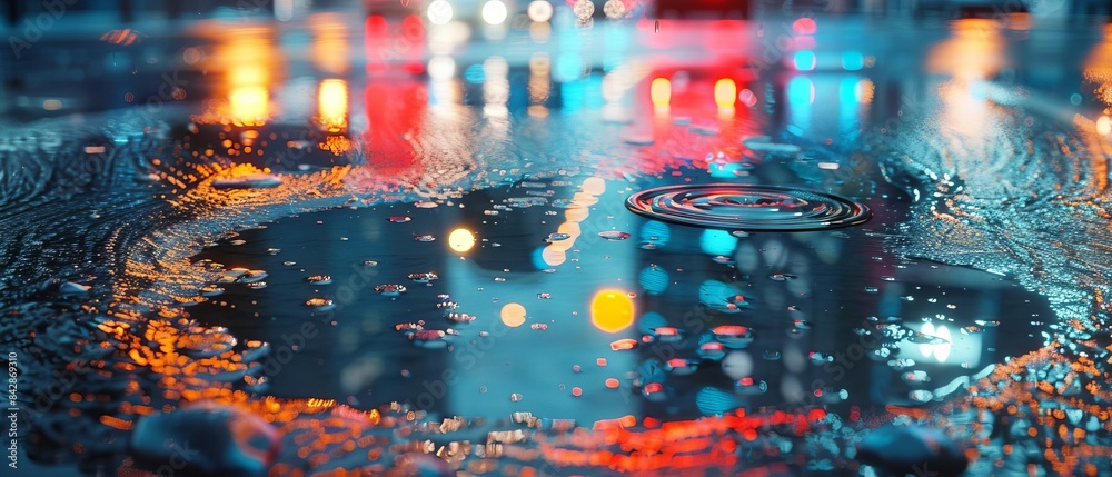 Capture a high-angle view of a reflective puddle after rainfall, showing vibrant city lights reflecting on its surface, in a realistic digital painting, Capture a high-angle view of a reflective puddle after rainfall, showing vibrant city lights reflecting on its surface, in a realistic digital painting,