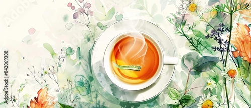 Capture a high-angle view of a steaming cup of herbal tea, surrounded by fresh herbs and vibrant flowers, in a watercolor style,