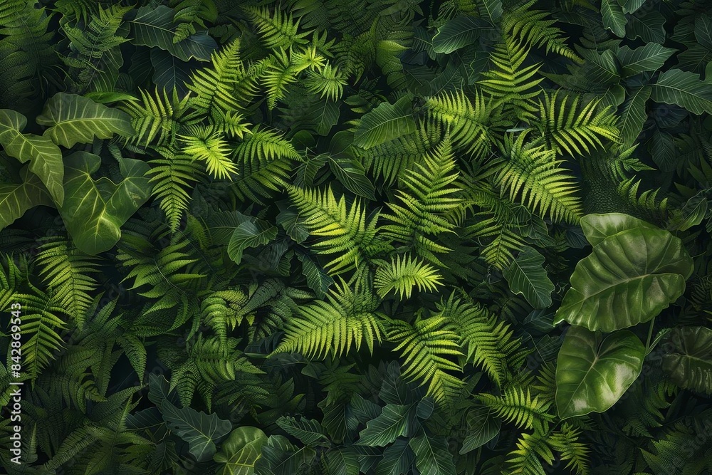 Fototapeta premium Capture a high-angle view of a lush, vibrant fern in a forest setting, emphasizing intricate details and rich green tones, ideal for a digital illustration,