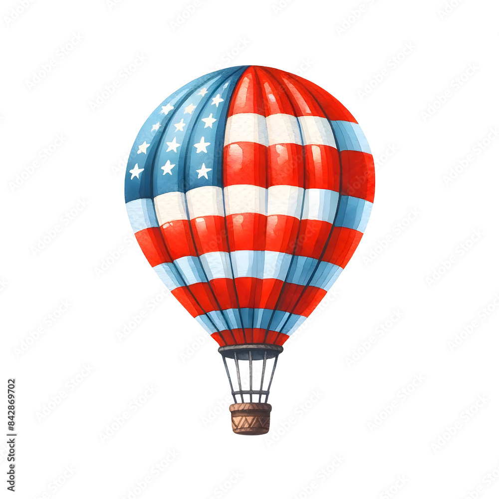 Naklejka premium Watercolor illustration of a hot air balloon with American flag design featuring red, white, and blue stripes and stars.
