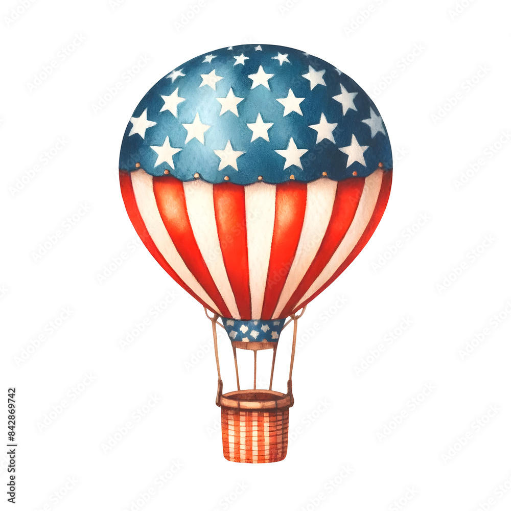 Naklejka premium Watercolor illustration of a hot air balloon with American flag design featuring red, white, and blue stripes and stars.