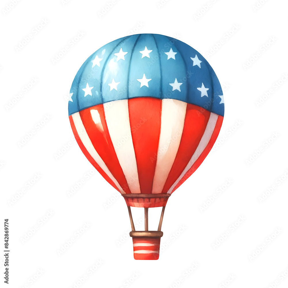 Naklejka premium Watercolor illustration of a hot air balloon with American flag design featuring red, white, and blue stripes and stars.