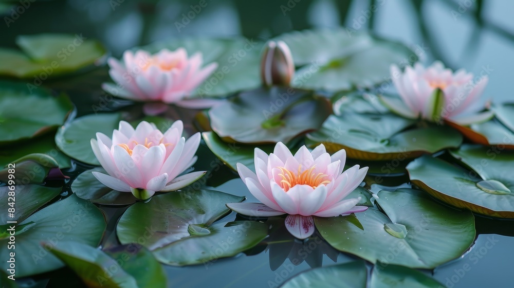 Water lily pond with blooming lilies, calm water, and green leaves Water lily pond with blooming lilies, calm water, and green leaves