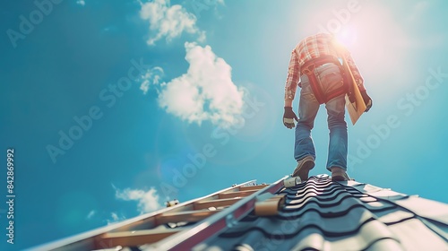 Skilled Roofer Carrying Tools with Confidence on Roof During Sunset Construction