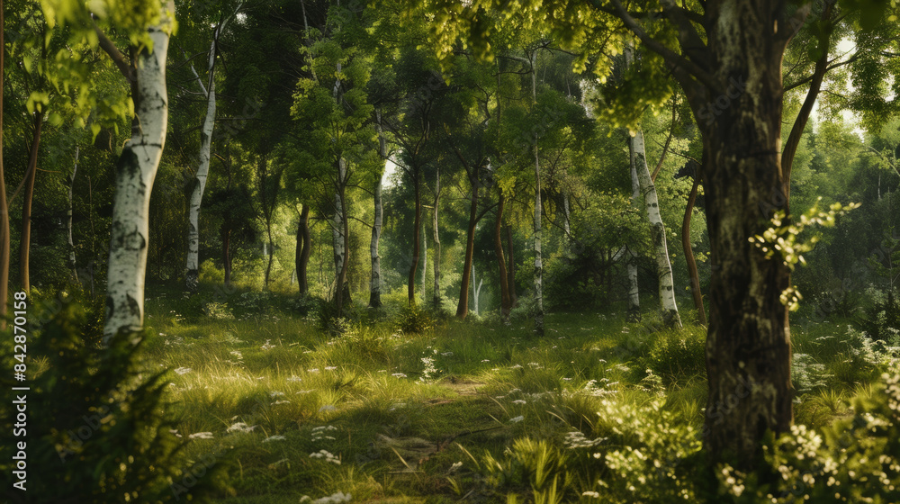 A serene wooded area with lush greenery and sunlight filtering through the trees, inviting tranquility and reflection in nature. A serene wooded area with lush greenery and sunlight filtering through the trees, inviting tranquility and reflection in nature.