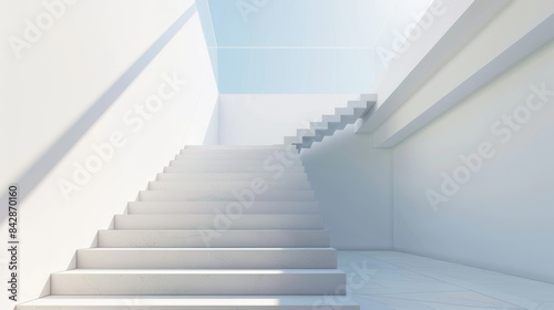 Minimalistic and modern white staircase design  bathed in natural light  leading upwards and symbolizing simplicity and elegance in architecture.