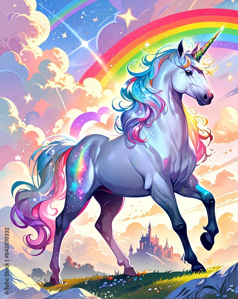 Fototapeta premium A dreamy pastel background of sparkling stars. In the foreground, a majestic rhino leaps gracefully, its brilliant white coat adorned with a rainbow-colored mane and tail. 
