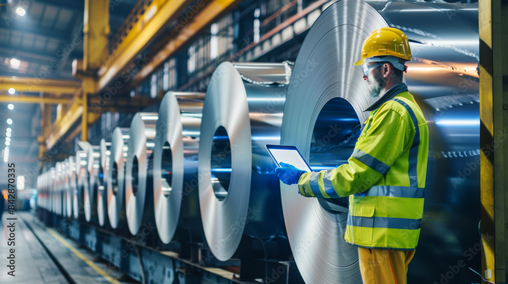 A worker in a brightly lit factory uses a tablet to check the large rolls of aluminum, ensuring quality and precision in the manufacturing process. A worker in a brightly lit factory uses a tablet to check the large rolls of aluminum, ensuring quality and precision in the manufacturing process.
